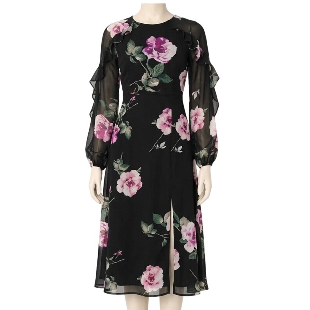 LuLus Once and Flor-All Black Floral  whimsical Long Sleeve Midi Dress M
NWT